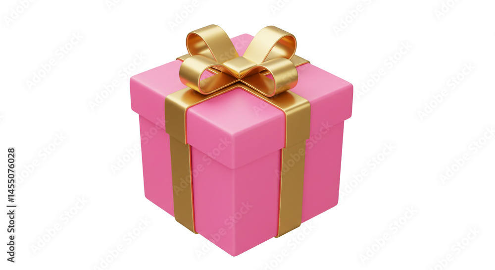 Fototapeta premium A pink gift box with a gold ribbon sits on a white background ready to be given for a special occasion