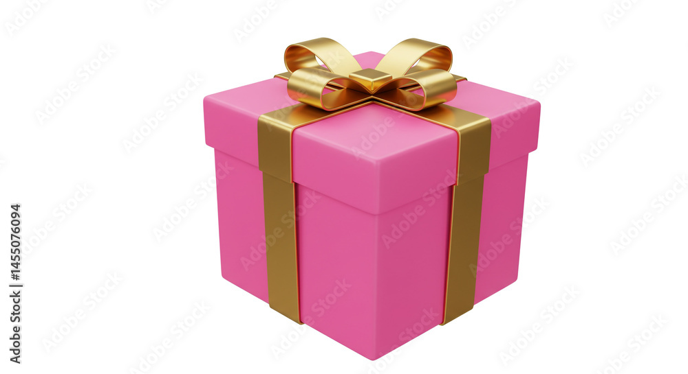 Fototapeta premium A pink gift box with a gold ribbon and bow sitting on a white background in a studio shot