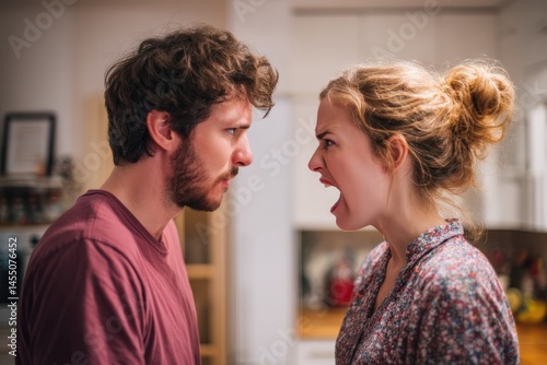 Obraz na płótnie Couple arguing intensely in a kitchen.