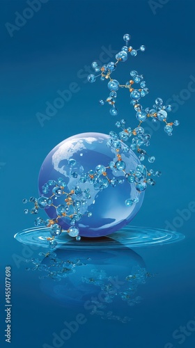 Blue globe graphic with abstract molecules, reflected on calm water surface, science, global health, innovation illustration concept