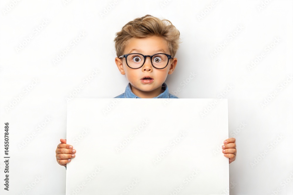 Portrait of a little boy in glasses, holding a blank white board, isolated on a white background. Portrait of a little boy in glasses, holding a blank white board, isolated on a white background.