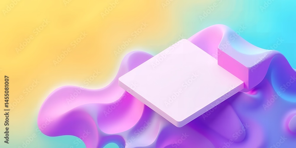 Abstract rendering of a white platform on a wavy purple surface with yellow backdrop art Abstract rendering of a white platform on a wavy purple surface with yellow backdrop art
