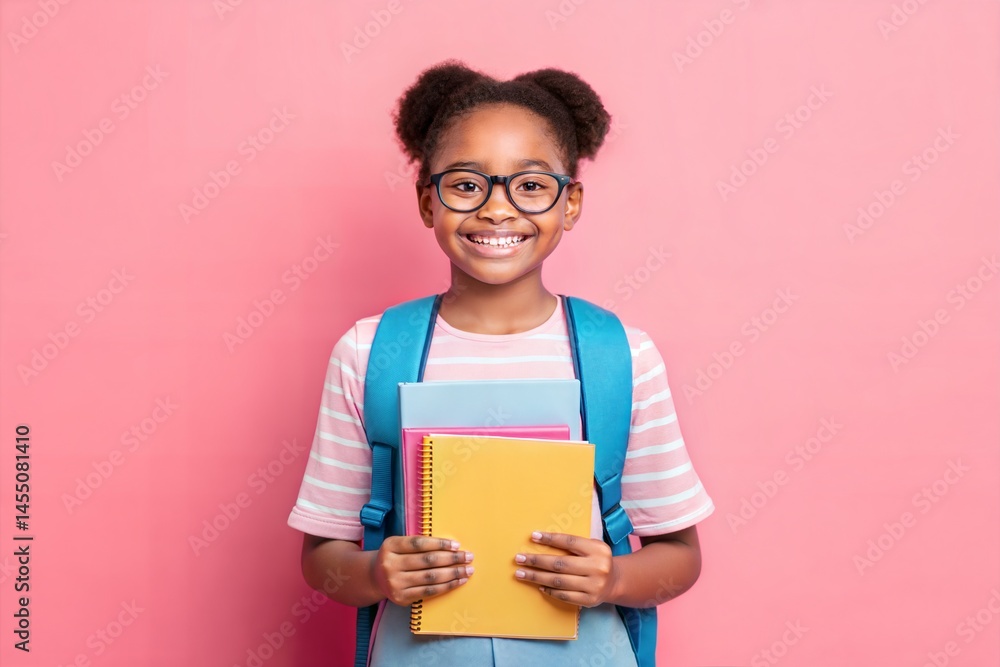 Smiling, confident schoolgirl holding books and notebooks, wearing glasses and a backpack, ready for school, isolated on a pink background. Smiling, confident schoolgirl holding books and notebooks, wearing glasses and a backpack, ready for school, isolated on a pink background.
