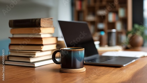 Cozy workspace with laptop, coffee, and books.