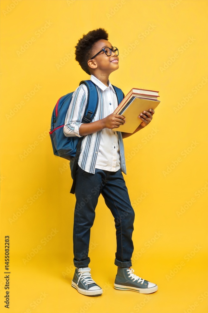 Handsome young boy with a backpack, holding books and a tablet, isolated on a yellow background, representing education. Handsome young boy with a backpack, holding books and a tablet, isolated on a yellow background, representing education.