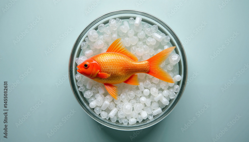Goldfish swimming in clear water with white pebbles, Fish in bowl, National Pet Day