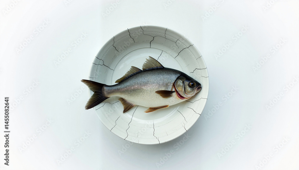 Fresh fish on a cracked plate against a white background, Fish in bowl, National Pet Day