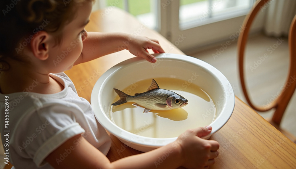 Child observing fish in bowl on wooden table, Fish in bowl, National Pet Day