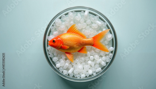 Goldfish swimming in clear water with white pebbles, Fish in bowl,  National Pet Day    