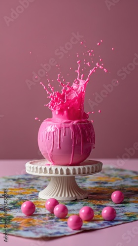 Bright Pink Paint Splashing from a Vase on a Cake Stand Surrounded by Marbles