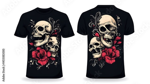 T-shirt design with ornate gothic skulls and a transparent backdrop