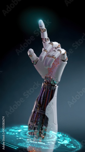 Robotic arm emerging above glowing data circle with the index finger pointing upwards, representing technological advancement and innovation concept