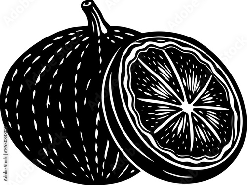 A black and white illustration showcases a whole grapefruit alongside a halved one, revealing the fruit's inner segments and textured peel. The style evokes a classic woodcut or linocut print.