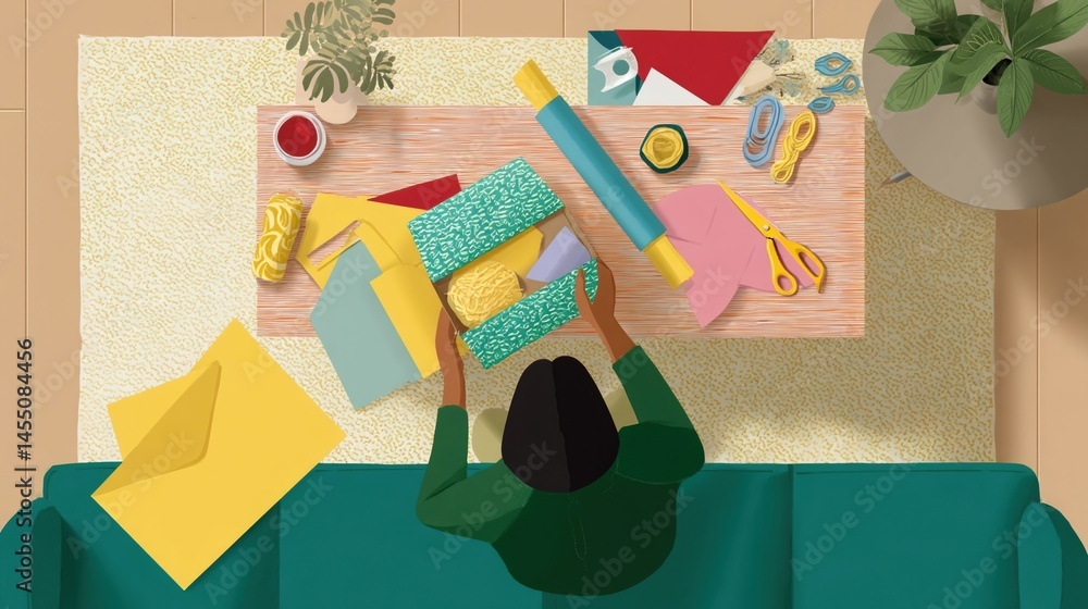 A cozy living room scene where a person unwraps a subscription box containing craft supplies surrounded by colorful papers and tools.