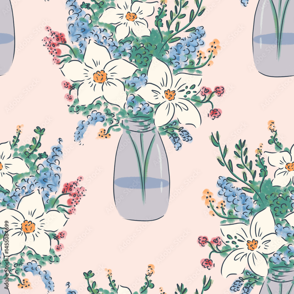 hand-drawn pretty spring flowers seamless repeating pattern on neutral background