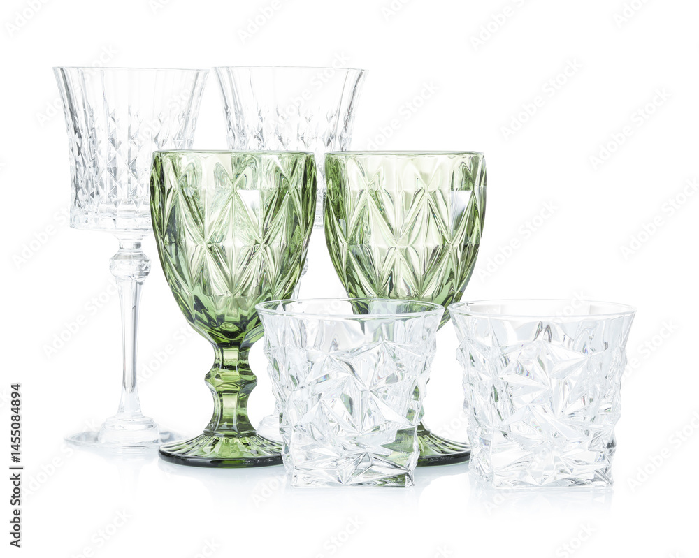 Obraz premium Different empty clean glasses isolated on white