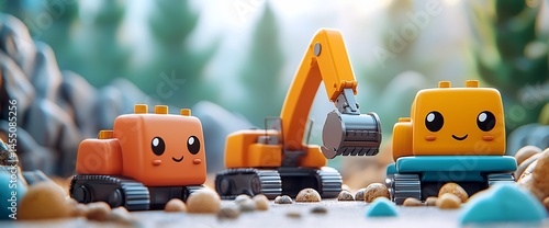 Cute construction vehicles on a rocky terrain