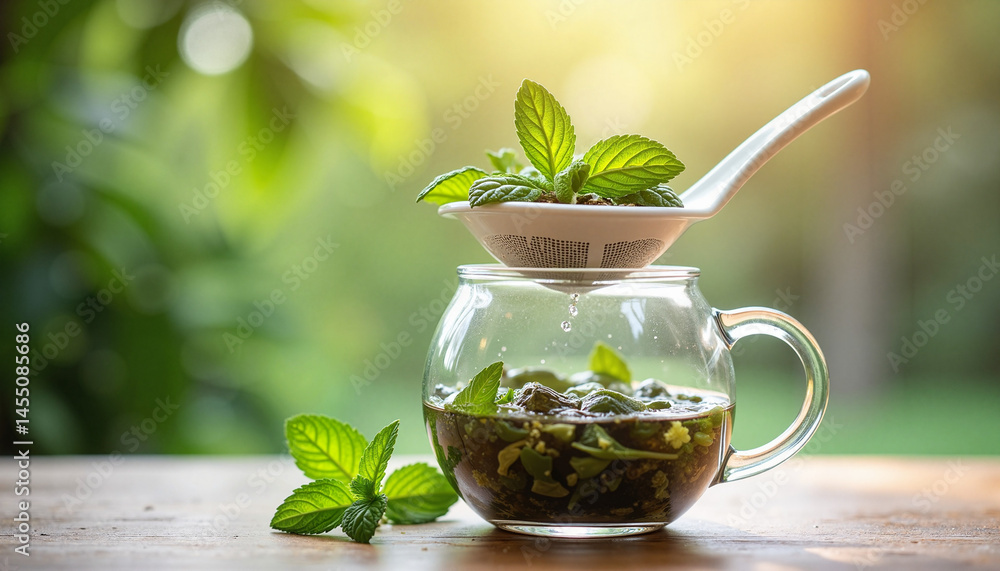 Fresh mint tea brewing in glass teapot against a natural backdrop, Mint leaves collection, Herbal tea picking