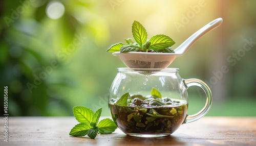 Obraz na płótnie Fresh mint tea brewing in glass teapot against a natural backdrop, Mint leaves collection, Herbal tea picking w salonie