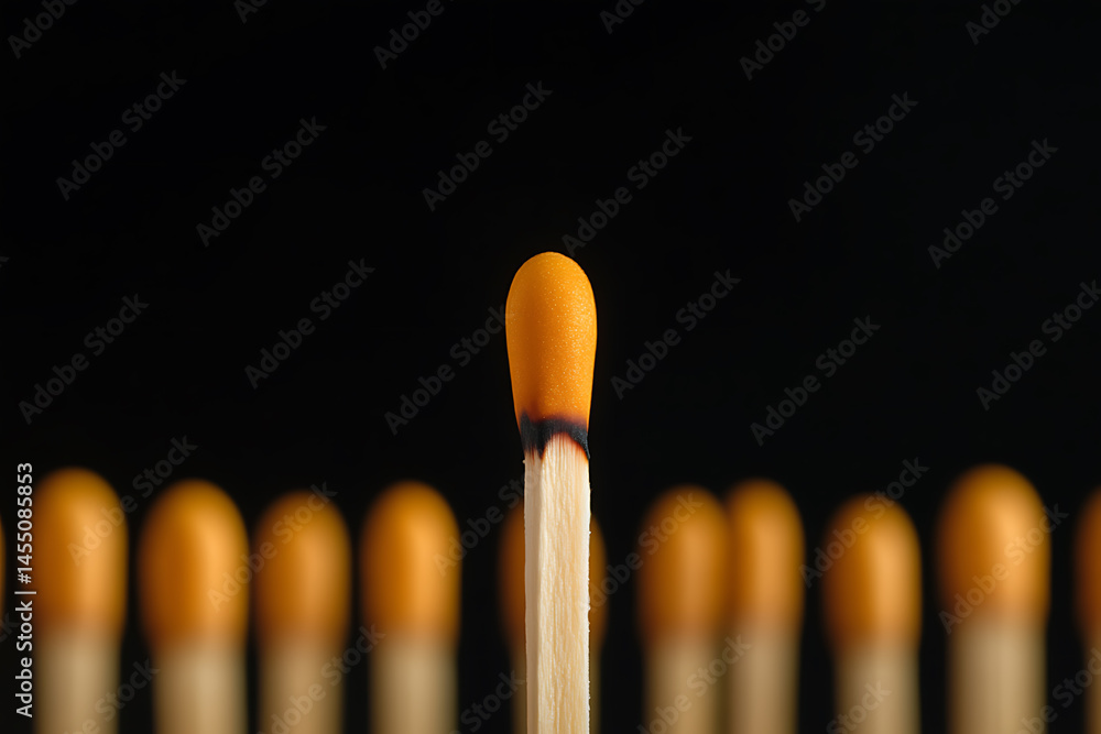 Standing out: A lit match in sharp focus rises above a row of unlit matches in the background, symbolizing uniqueness and initiative, against a black backdrop. Standing out: A lit match in sharp focus rises above a row of unlit matches in the background, symbolizing uniqueness and initiative, against a black backdrop.
