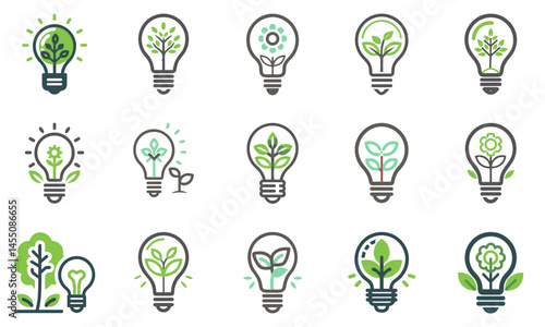 Eco Light Bulb Icons for Energy Conservation Websites, Green Technology Materials, Sustainability Campaigns, Environmental Education and Clean Energy Presentations