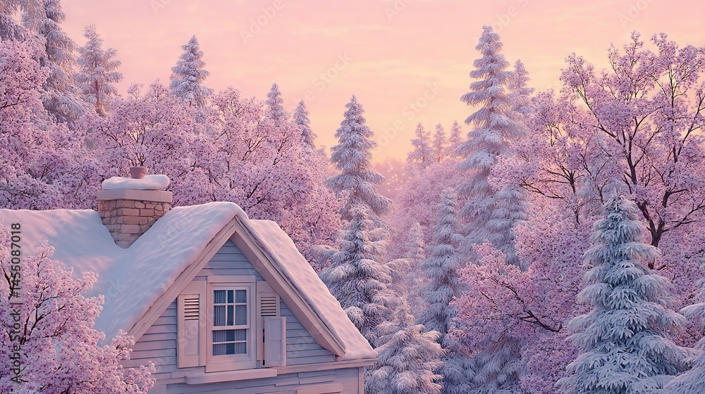 Naklejka premium A painting of a snow-covered house surrounded by trees in a forest setting