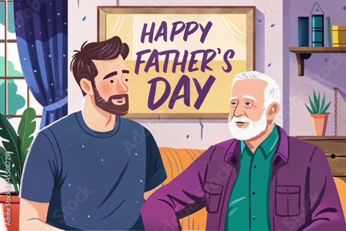 Caring young adult Caucasian son supporting and listening to his elderly father at home, expressing love, respect, and strong generational bond. Perfect for Father’s Day, aging parents, and family