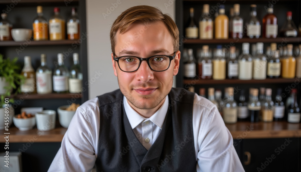 A man with short brown hair and glasses, wearing a white shirt, black vest, and tie, standing behind a counter filled with various bottles and jars.
