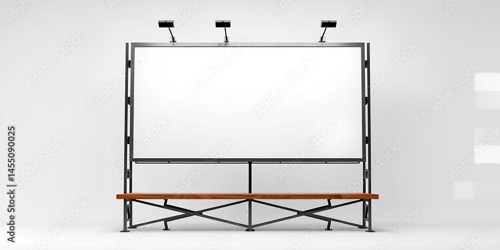 Obraz premium A blank white billboard with a metal frame and a wooden bench in a studio setting