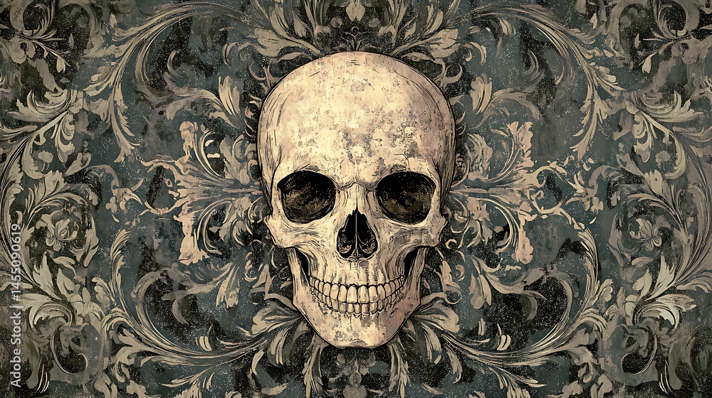 T-shirt with a gothic skull surrounded by intricate floral patterns, white background T-shirt with a gothic skull surrounded by intricate floral patterns, white background