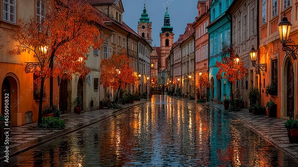 Fototapeta premium Charming Cobblestone Street with Colorful Buildings and Autumn Trees Reflecting in Wet Pavement