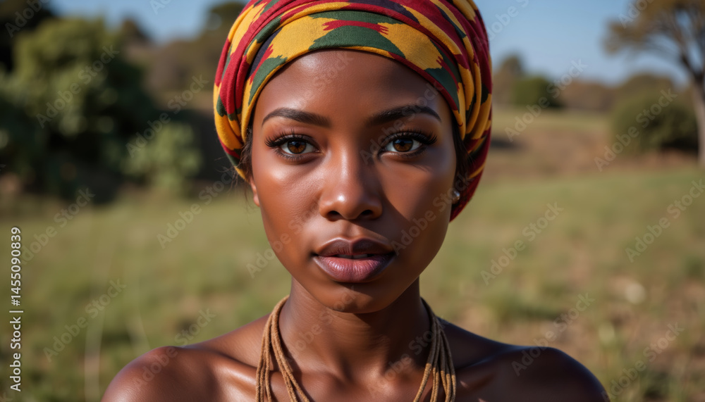 A stunning African woman with a vibrant headwrap stands confidently in a natural, outdoor setting with greenery in the background.