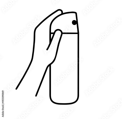 human hand holding an aerosol spray can, with index finger on the nozzle. air freshening, odor elimination, hygiene, sanitation, everyday cleaning practices, restrooms, poorly ventilated spaces.