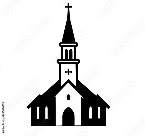 Christian church with a tall spire and cross at the top, featuring a central arched entrance, side windows. faith, worship, religion, sacred architecture, spiritual community, religious heritage.