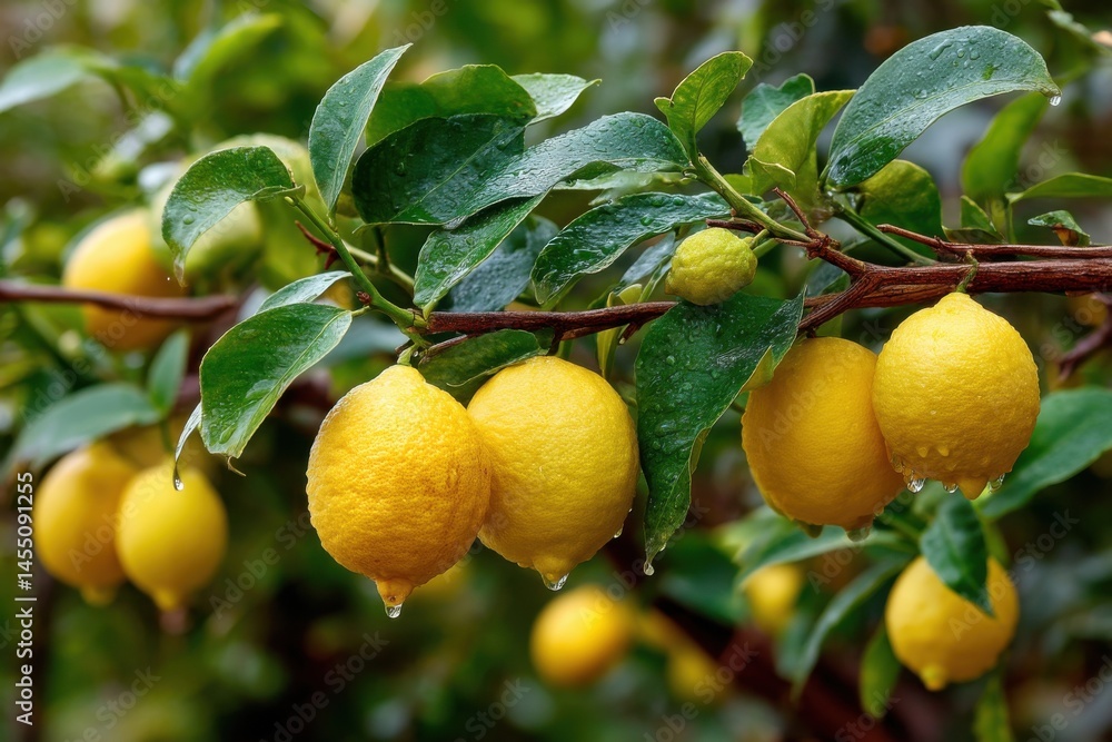 Fresh lemon fruits hanging on branch with green foliage, water droplets clinging to textured citrus peels Fresh lemon fruits hanging on branch with green foliage, water droplets clinging to textured citrus peels