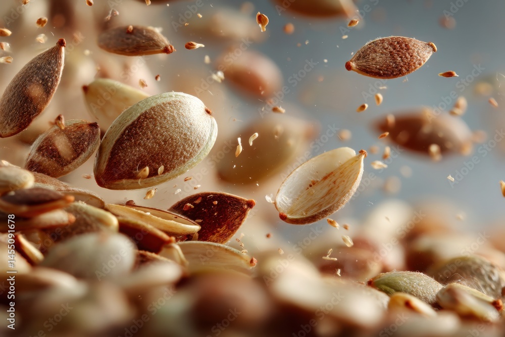 Fototapeta premium Close-up of multiple healthy pumpkin seeds suspended in air, showcasing texture and nutritional value for advertising or food blogs
