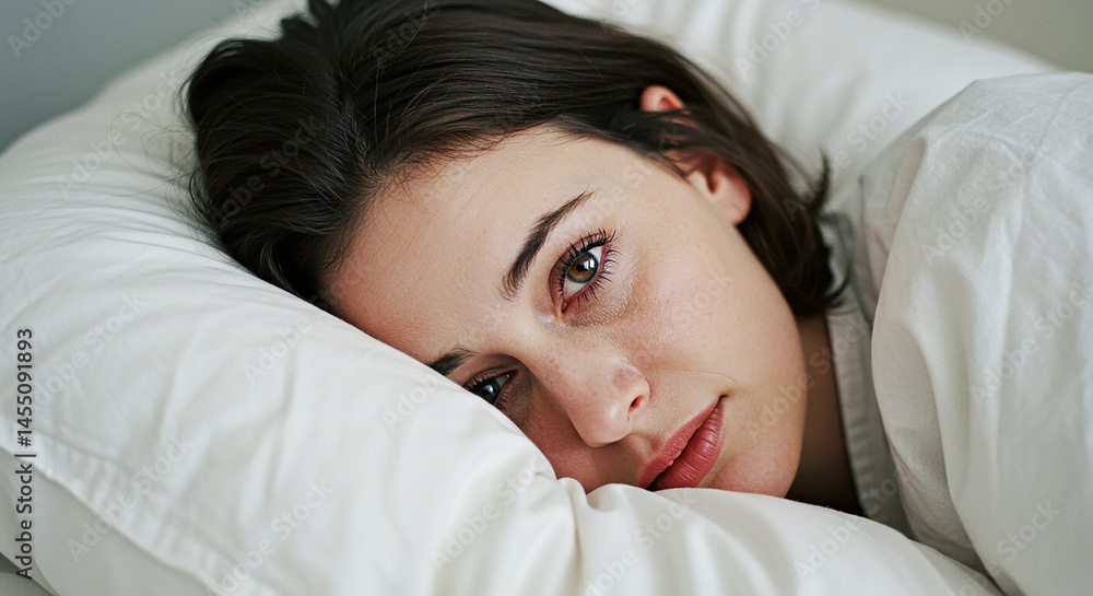 Fototapeta premium Sad woman lying in bed contemplating life's challenges