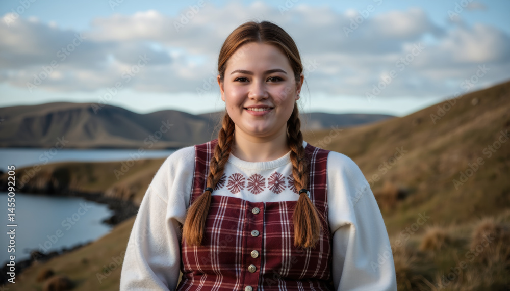 A smiling woman with braided hair wearing a traditional red plaid dress and white sweater stands in a scenic mountainous landscape with a lake in the background.