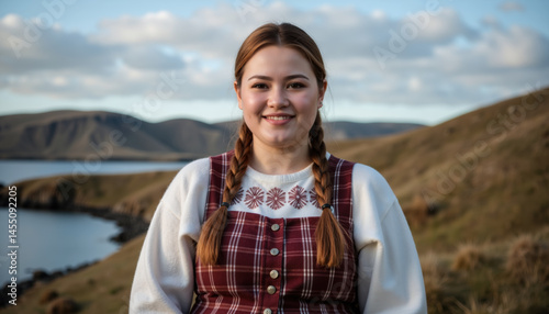 Obraz na płótnie A smiling woman with braided hair wearing a traditional red plaid dress and white sweater stands in a scenic mountainous landscape with a lake in the background. w salonie
