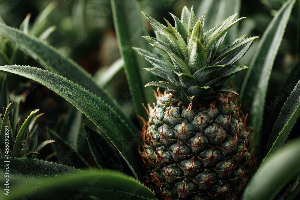 Fototapeta premium Close-up captures vibrant pineapple fruit amid spiky, dark green foliage, showcasing the natural beauty and texture of tropical agriculture.