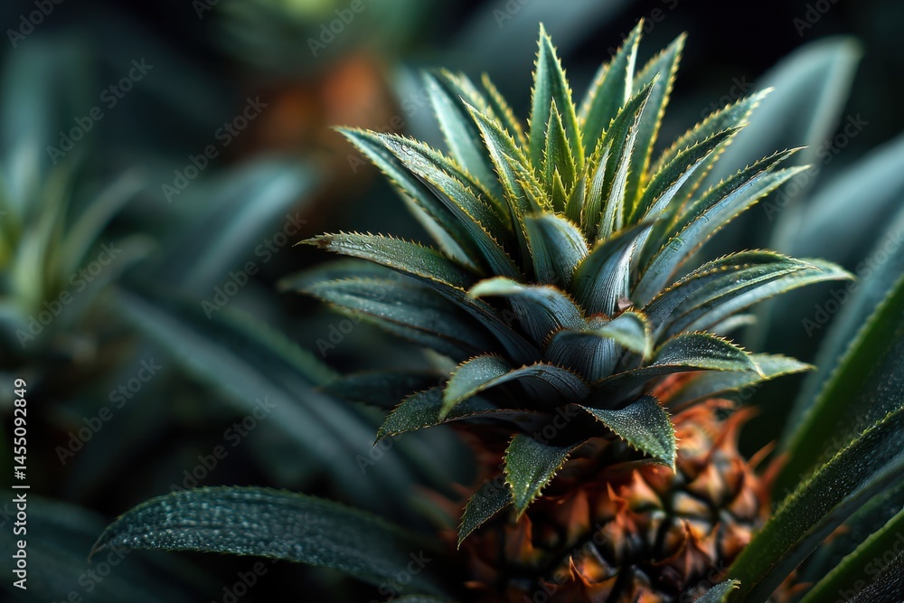 Fototapeta premium Close-up of Pineapple Fruit with Vibrant Green Leaves and Textured Skin, Small Water Droplets, Selective Focus