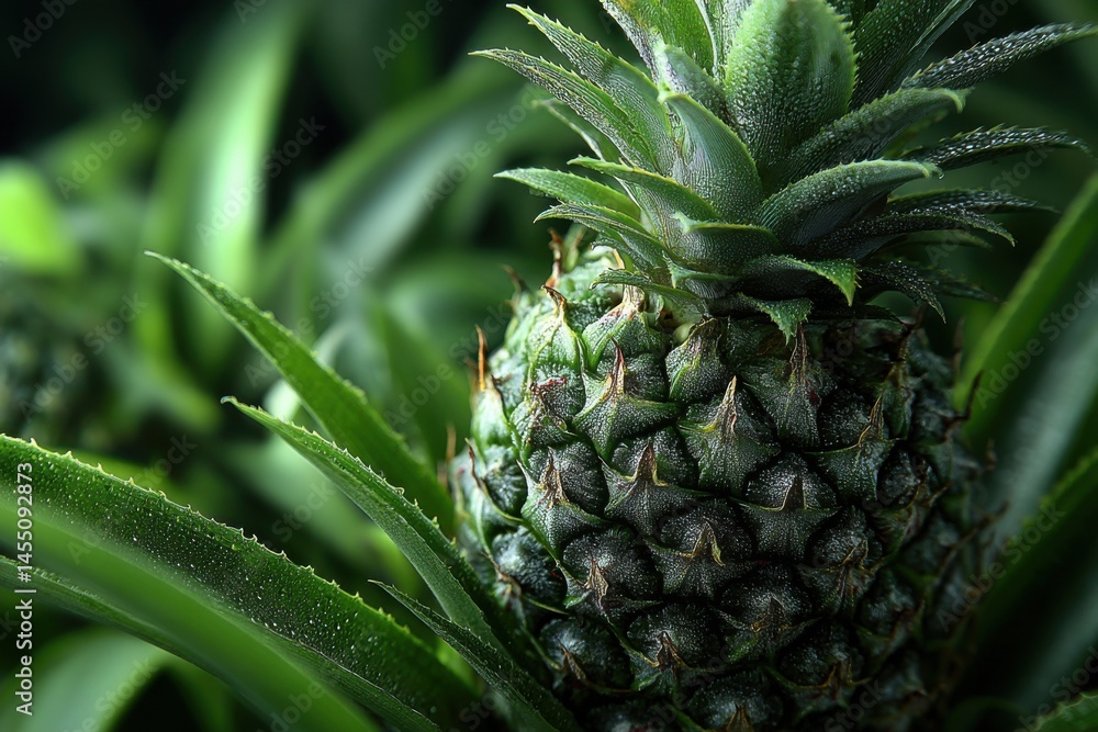 Fototapeta premium Close-up fresh pineapple fruit with green spiky leaves displaying unique textural surface and tropical plant backdrop