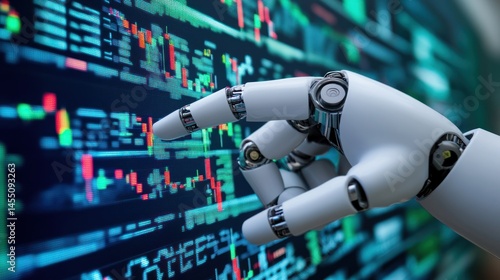Robot Hand Analyzing Stock Market Data on Screen for Finance