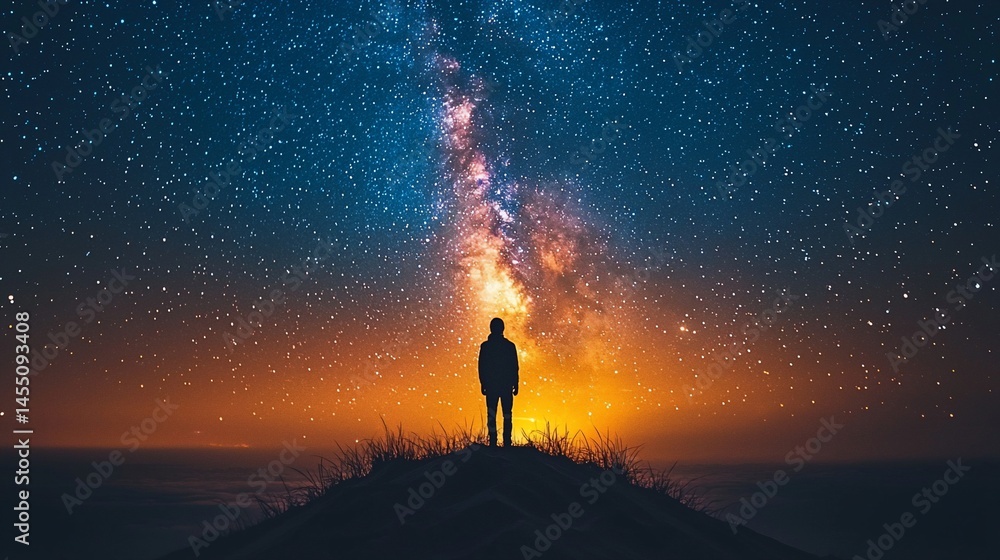 Fototapeta premium Silhouette of person under a vibrant night sky with Milky Way