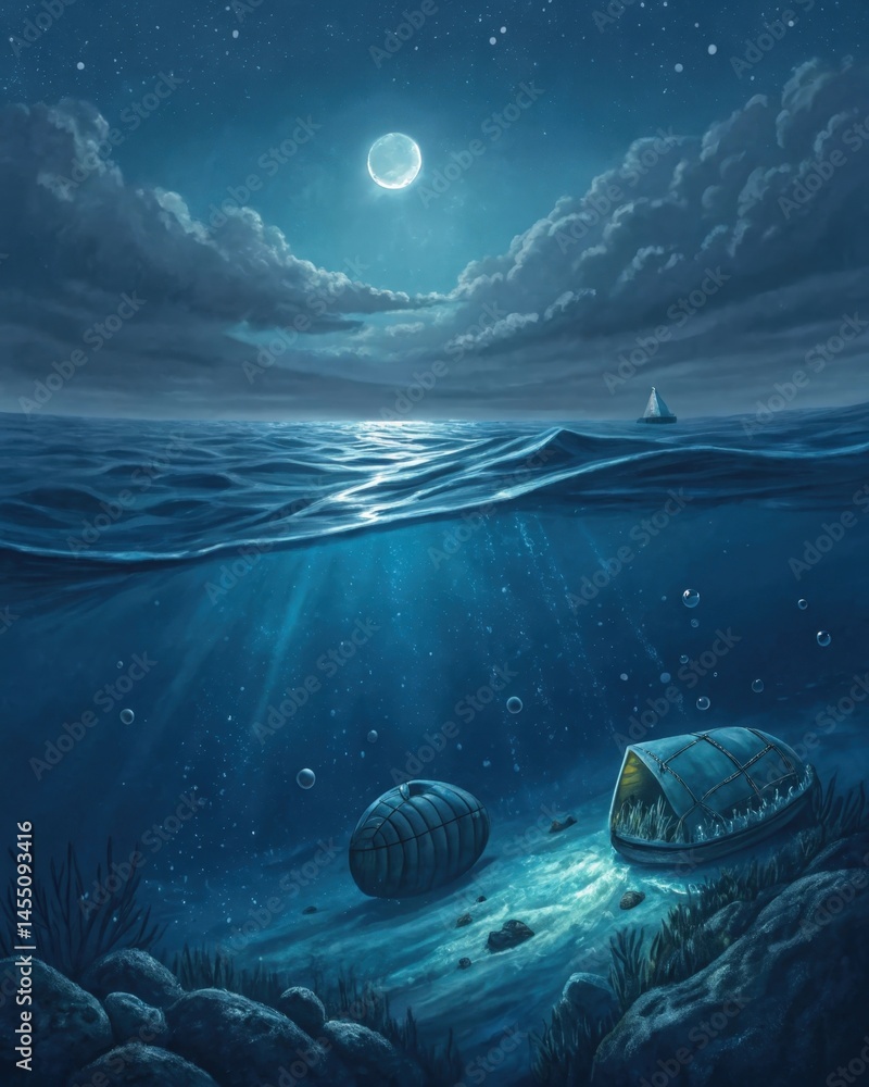 A deep ocean scene with submerged objects partially visible under the surface representing the hidden fears and repressed emotions lying beneath conscious awareness.