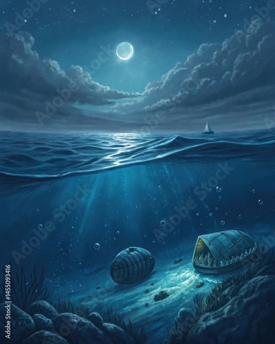 Obraz na płótnie A deep ocean scene with submerged objects partially visible under the surface representing the hidden fears and repressed emotions lying beneath conscious awareness. w salonie