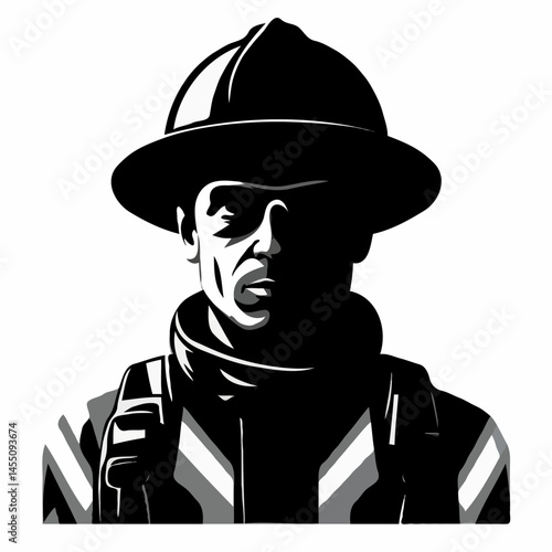 Firefighter in uniform displaying determination against a white background  