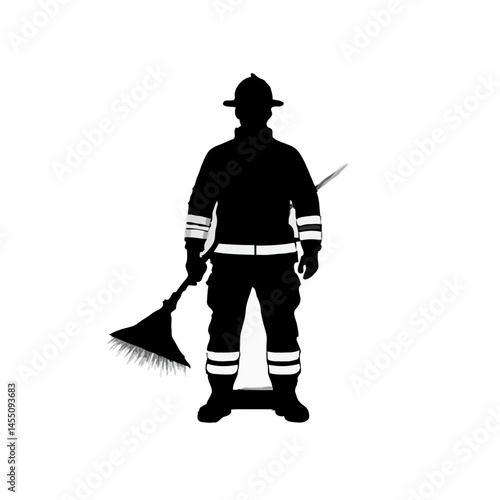 Firefighter in uniform holding a rake against a silhouette background  
