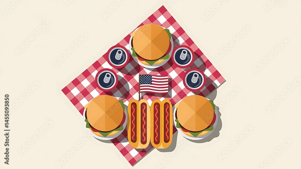 Naklejka premium picnic items like burgers, hot dogs, corn, soda cans, and a mini flag on memorial day banner background created with generative ai
