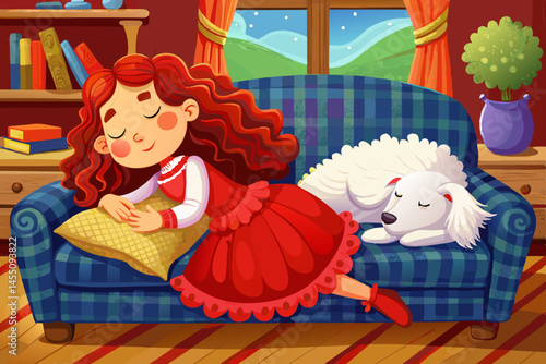 vector of A girl in a red corduroy dress with a fluffy white curly dog ​​in her arms is sleeping on a wooden sofa.